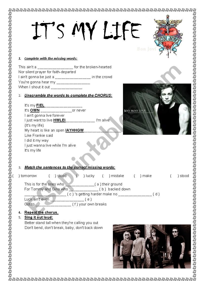 Its My Life - Bon Jovi worksheet