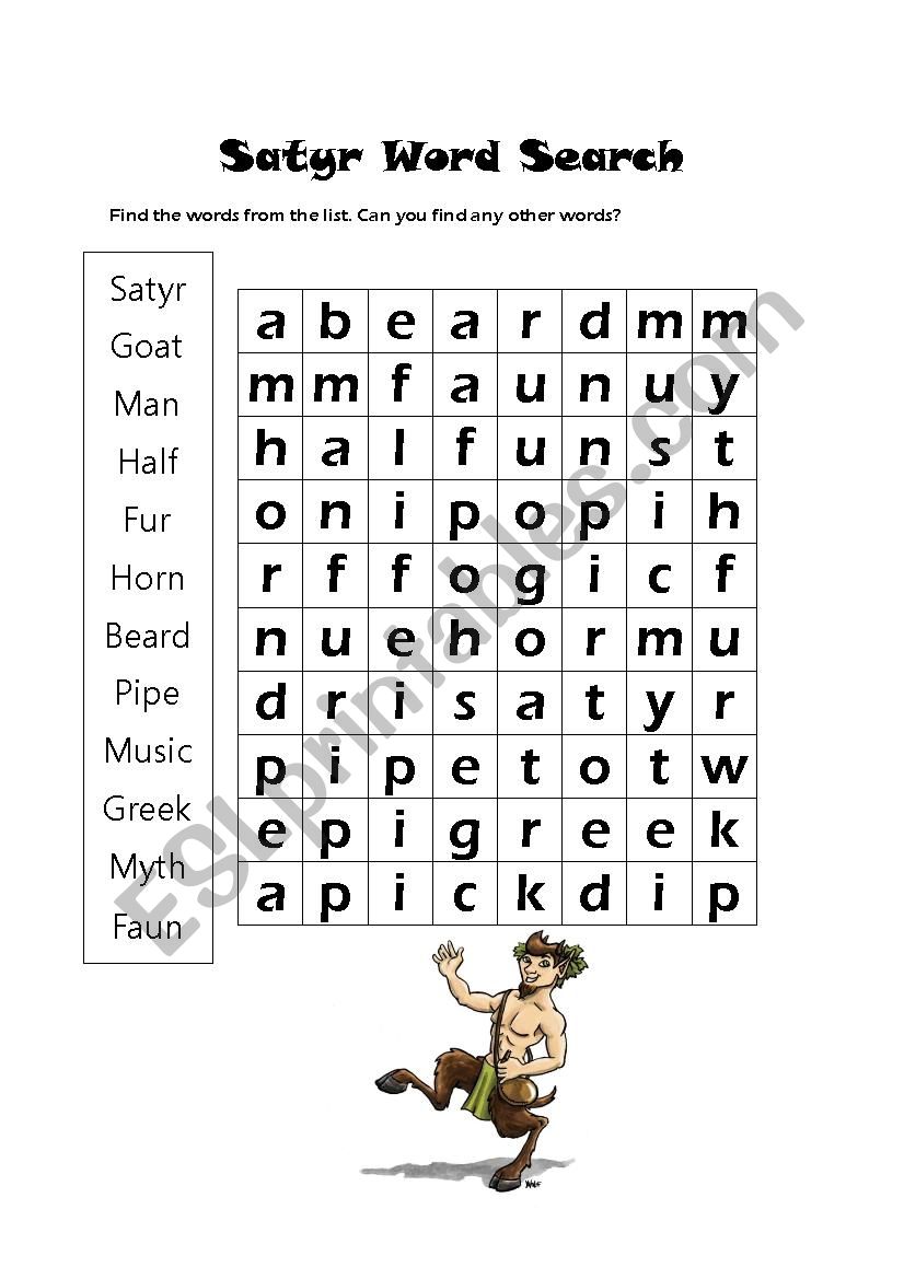 Satyr Word Search worksheet