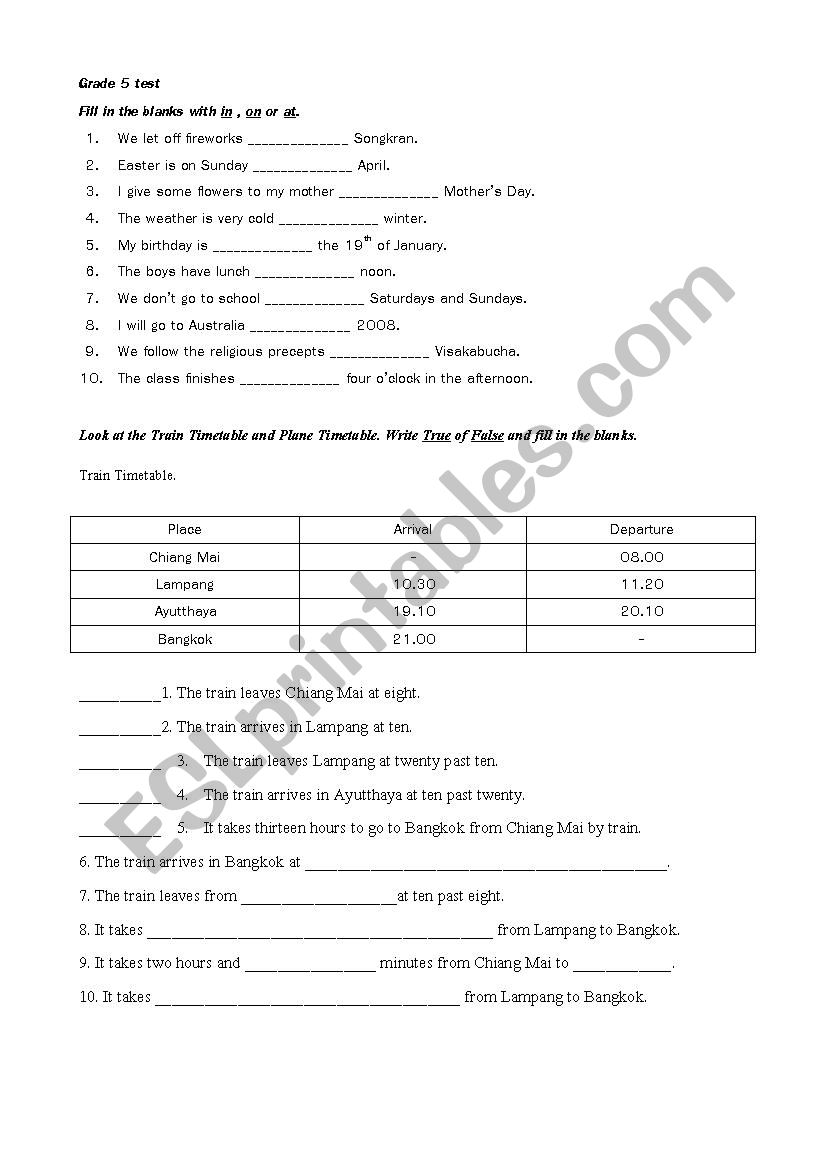 Revision Test worksheet