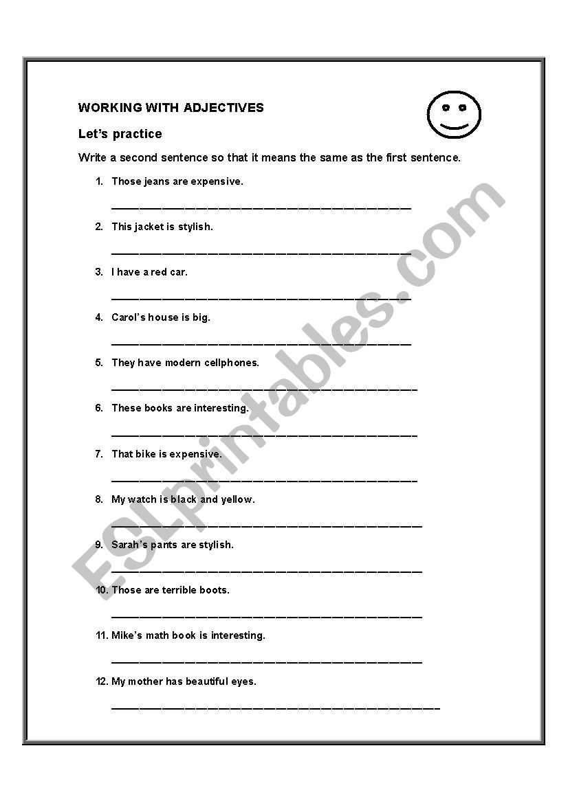 Working with adjectives worksheet