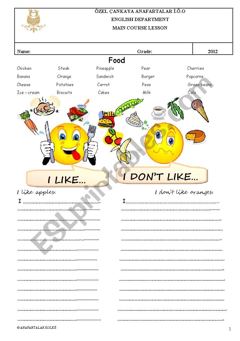 food  worksheet