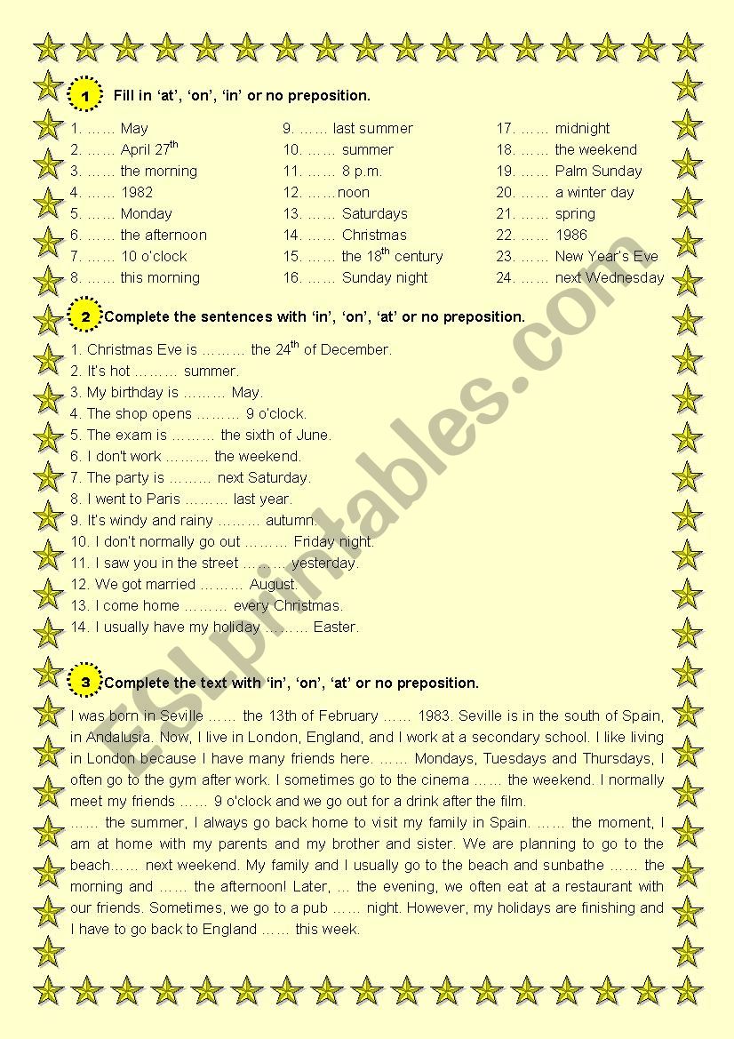 PREPOSITIONS OF TIME-ACTIVITY worksheet