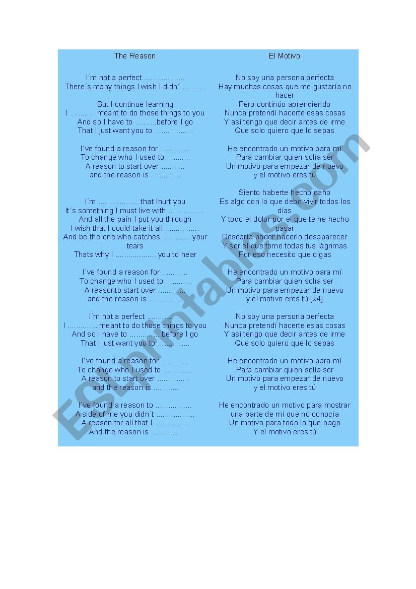 song The reason  worksheet