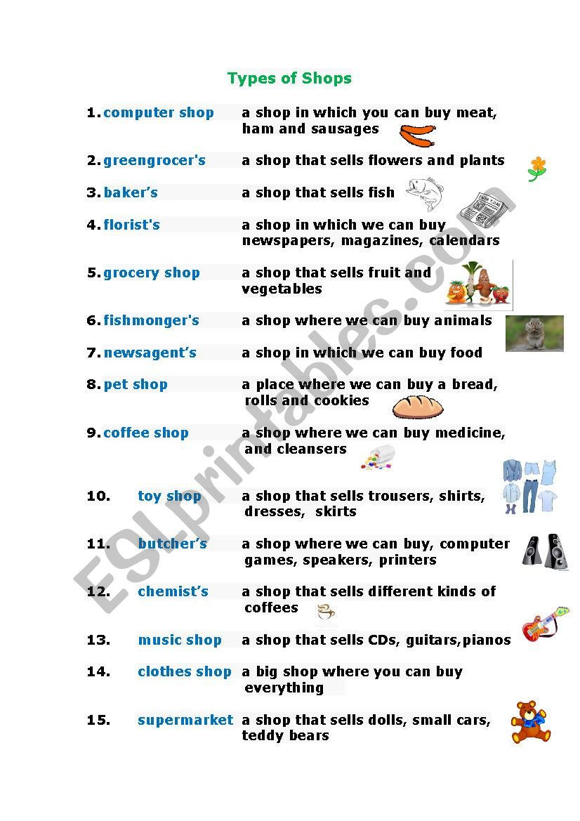 Types of shops worksheet
