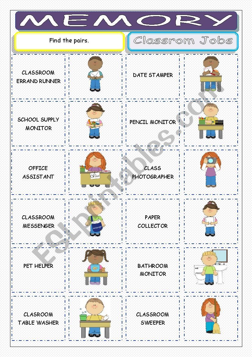 Classroom Jobs Memory worksheet