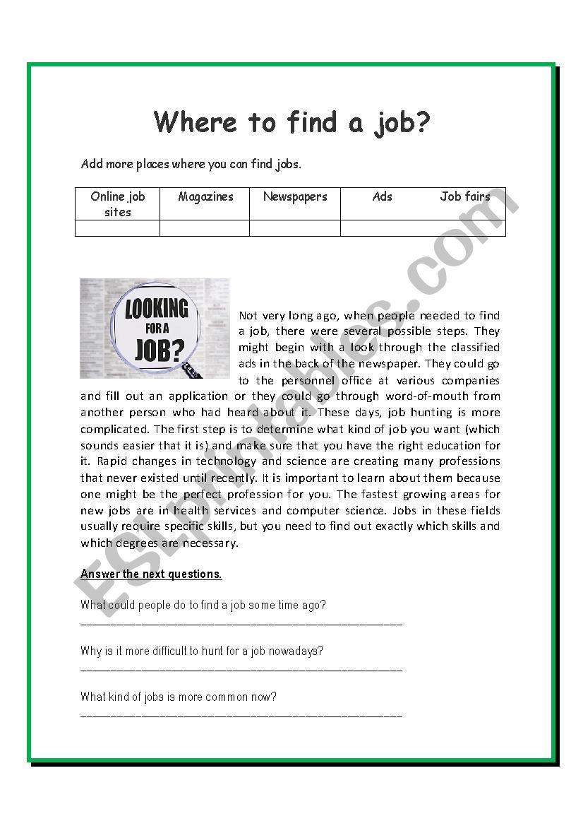 Where to find a job? worksheet