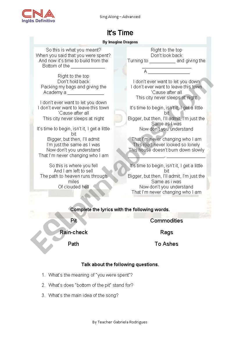 Its time - Imagine Dragons  worksheet