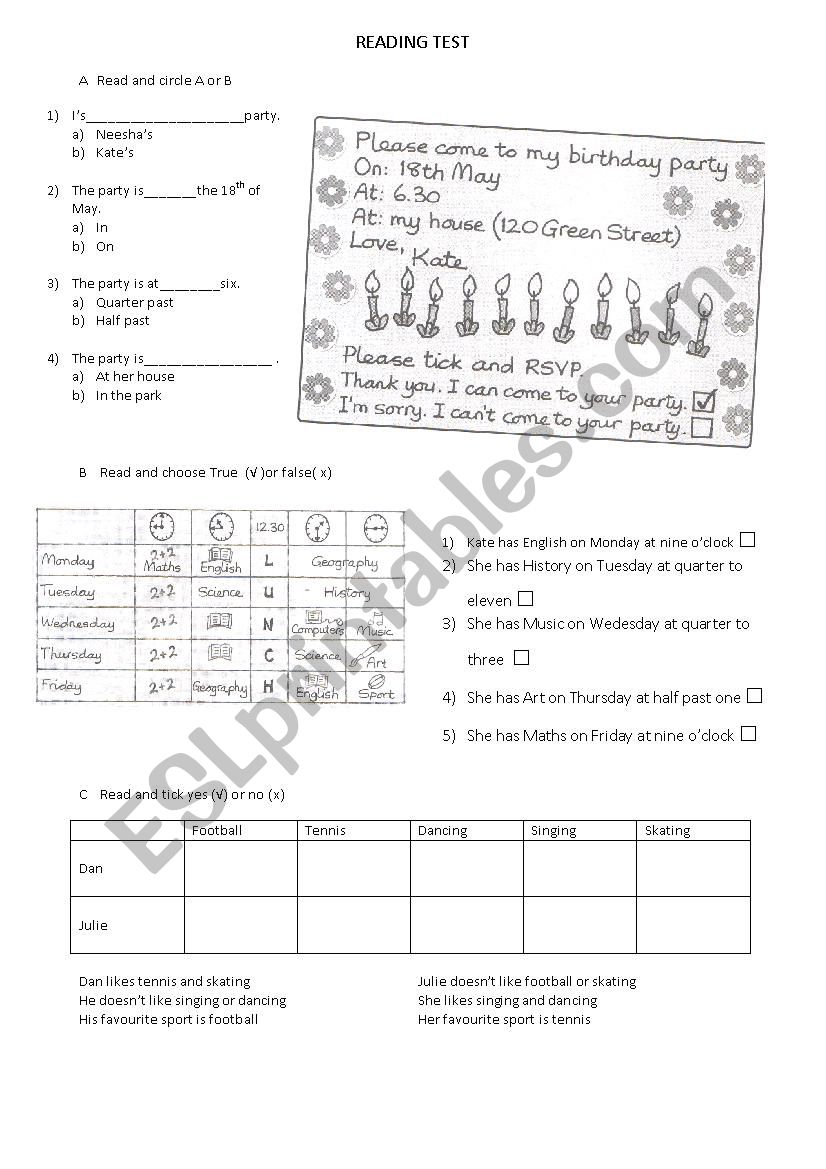 Reading test worksheet