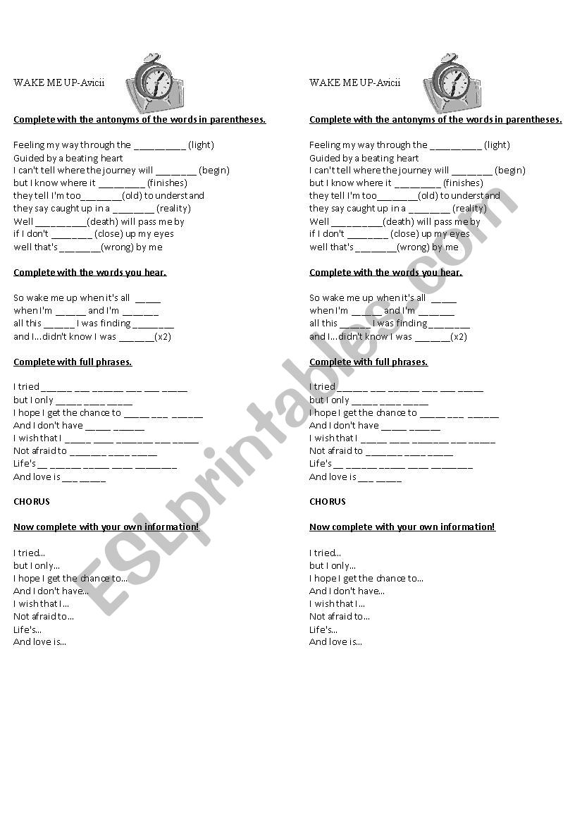 Wake me up-Avicii worksheet