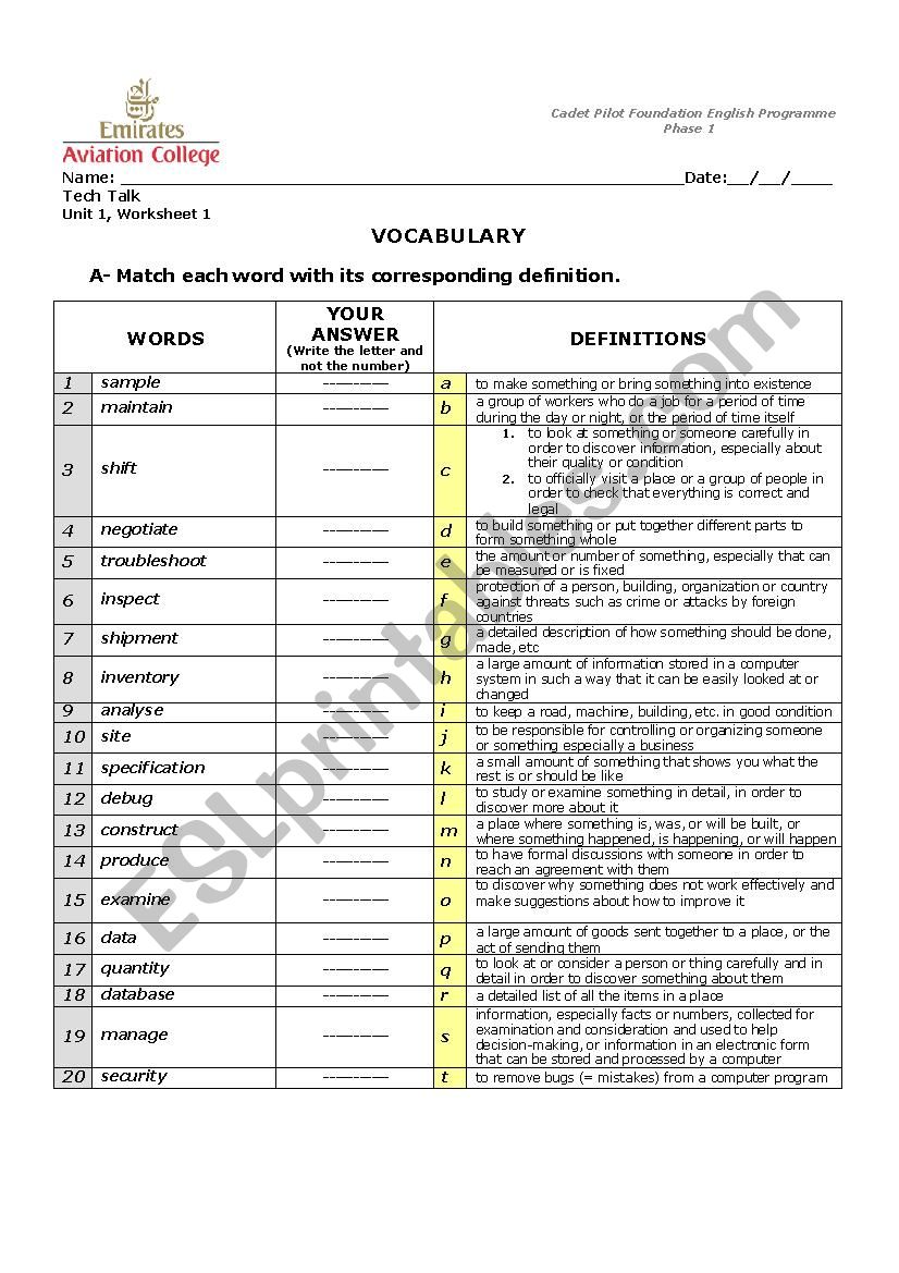 aviation vocab worksheet