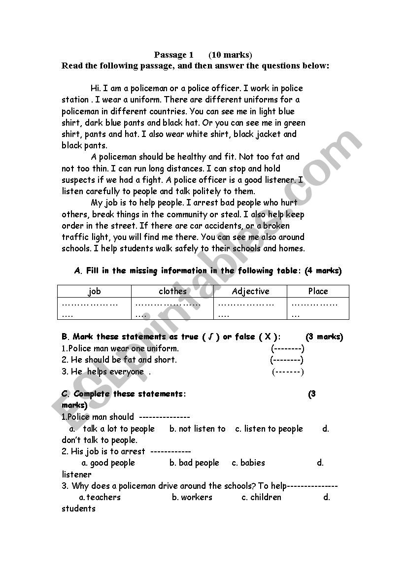 police officer  worksheet