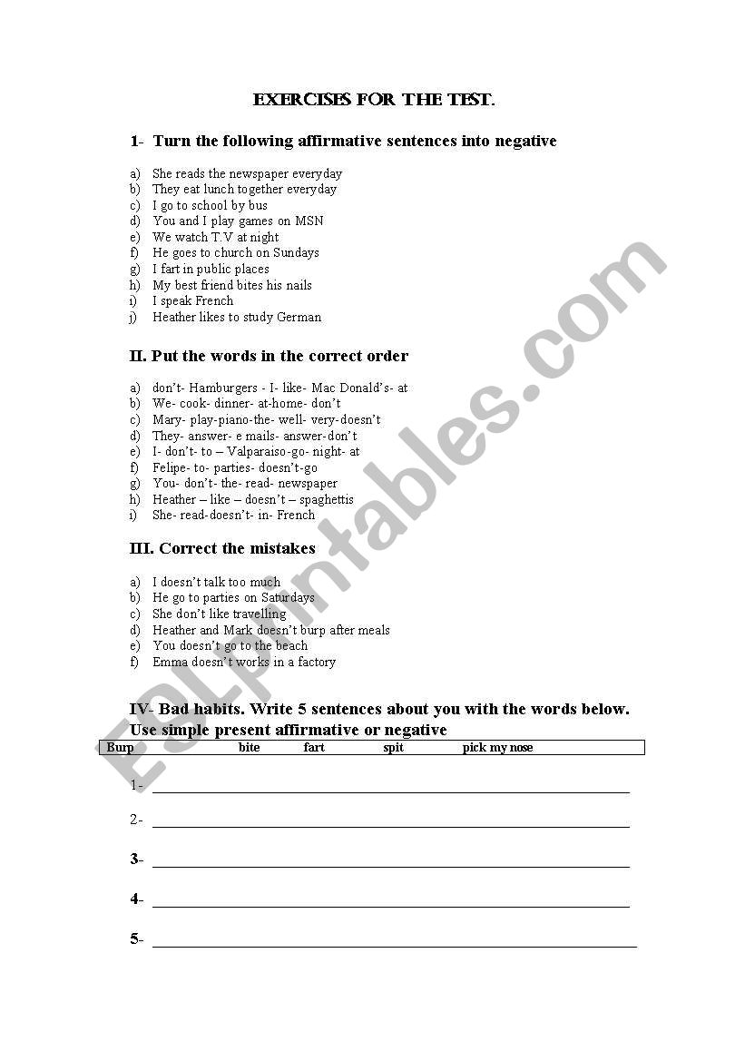English test on Present simple plus reasing activity for beginners