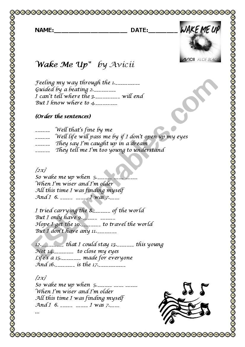 Wake me up by Avicii worksheet