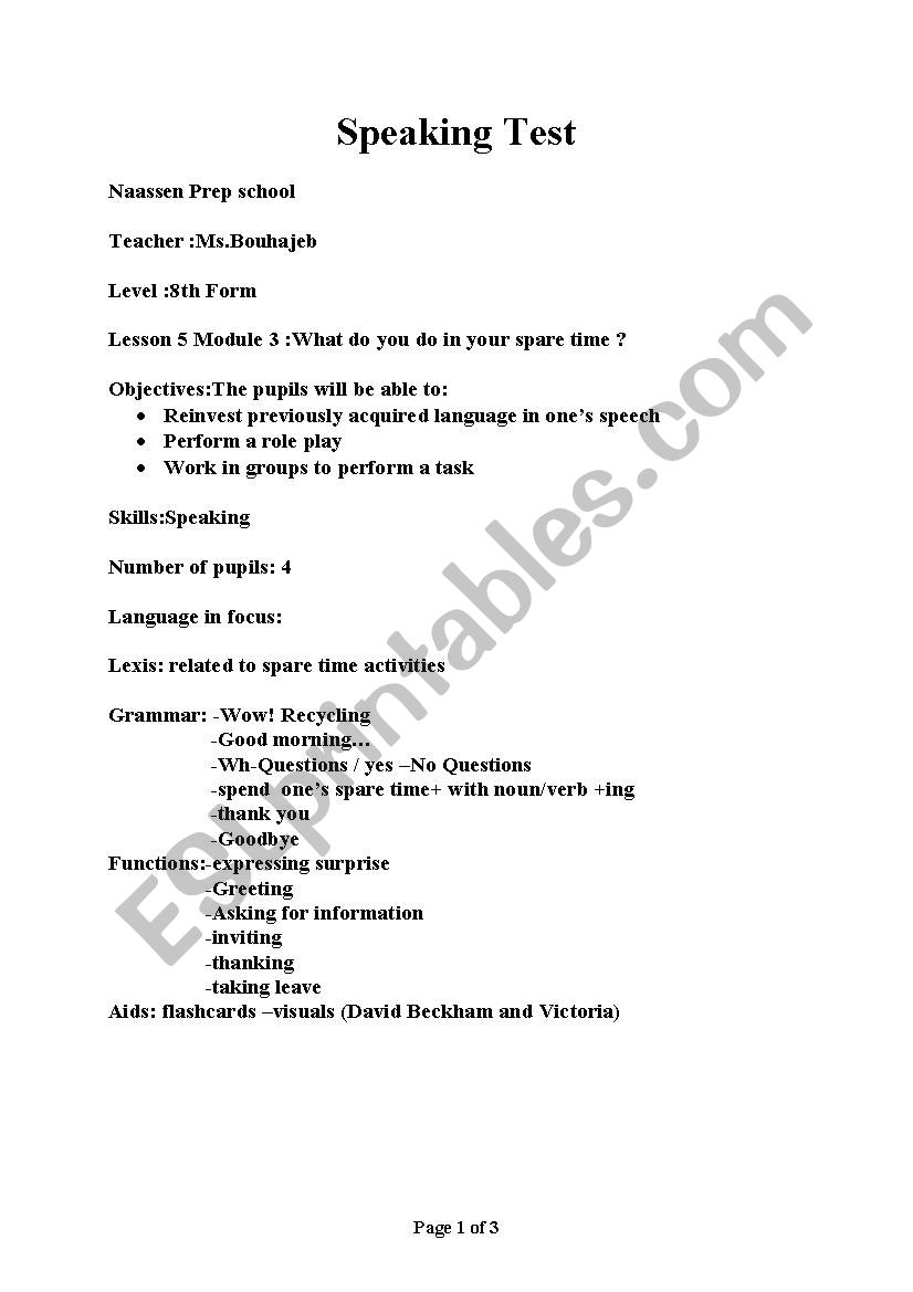 8th form speaking test worksheet