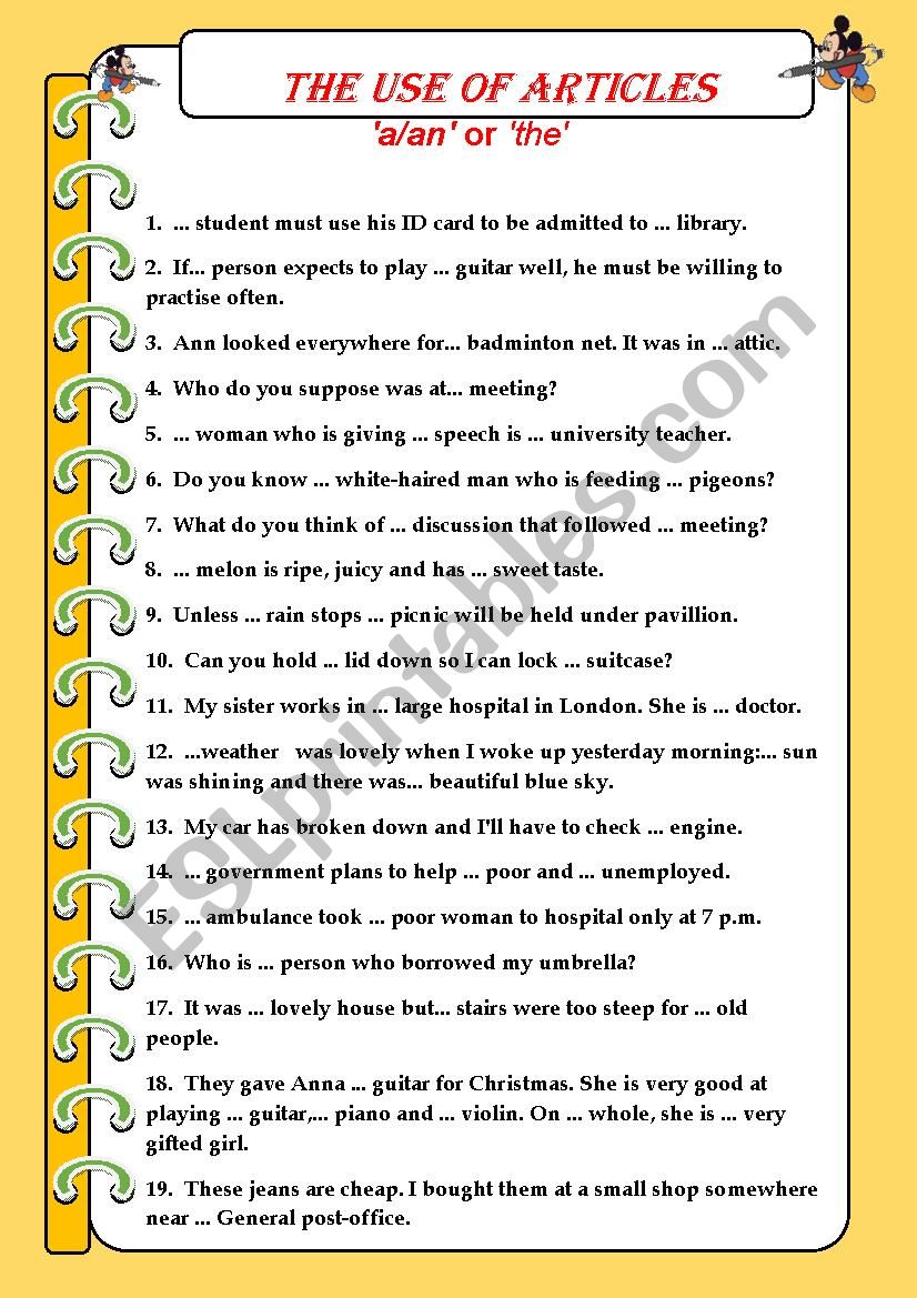 The use of articles worksheet