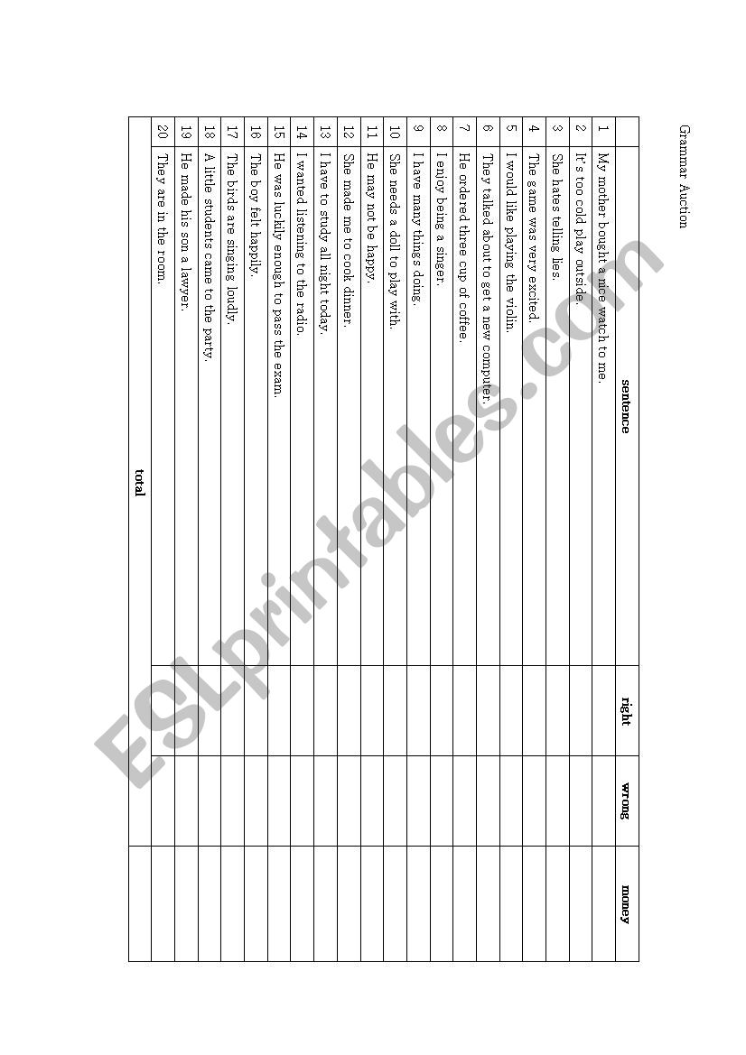 Grammar Auction worksheet