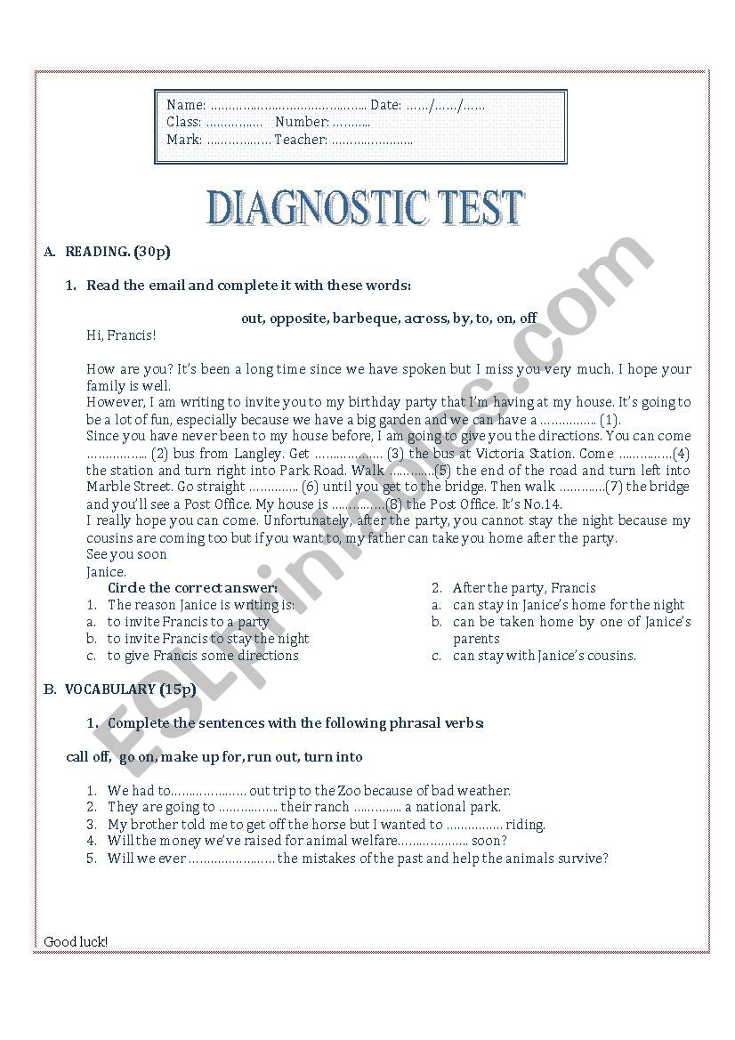Diagnostic Test/ Review worksheet