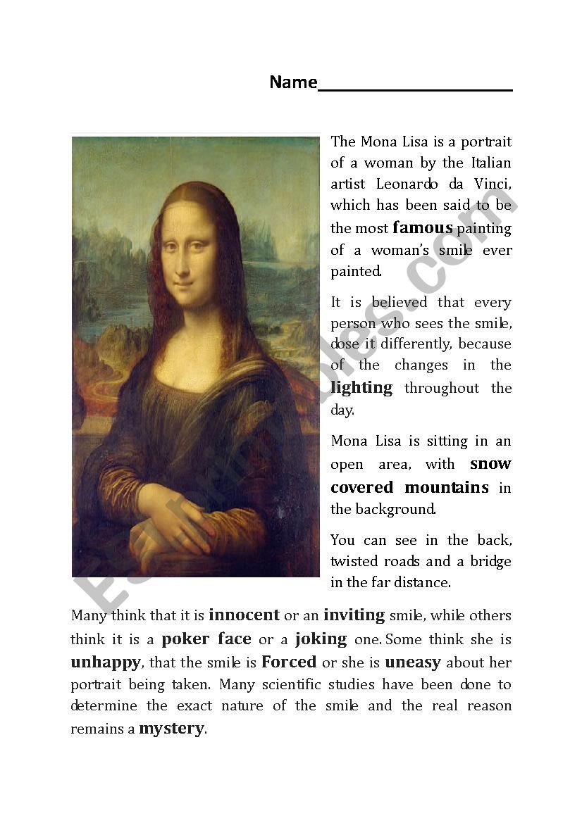 Describe the Mona Lisa worksheet
