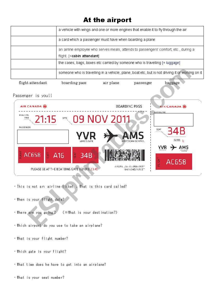 At the airport worksheet