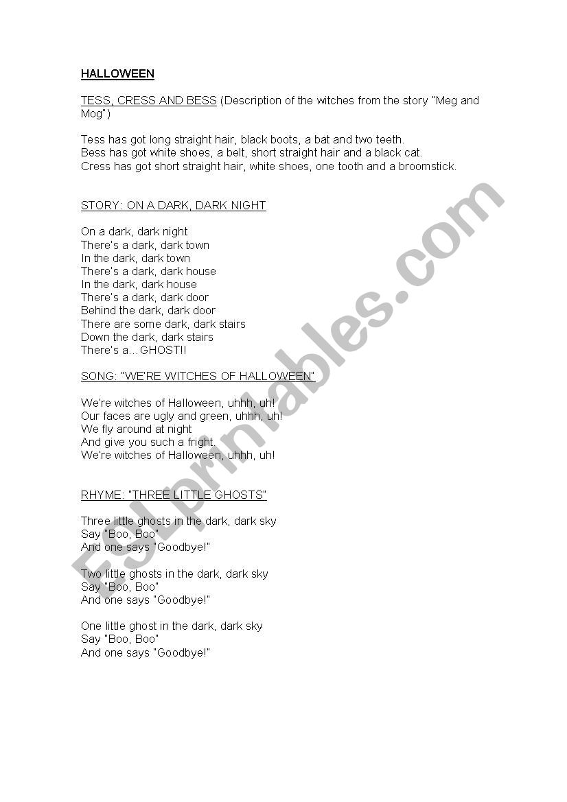 Halloween songs and story worksheet