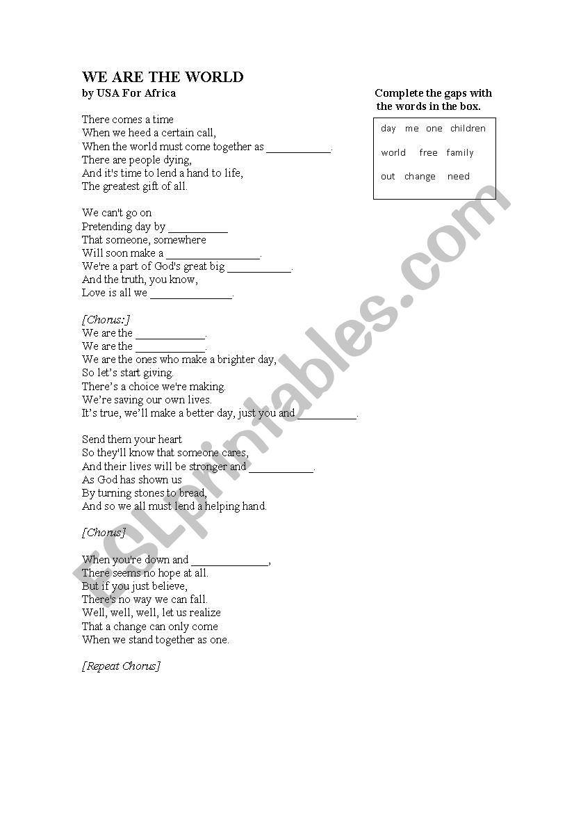 We are the world song worksheet
