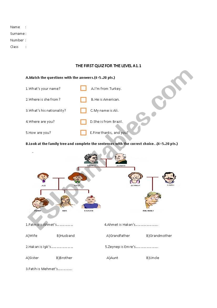 THE FIRST QUIZ FOR THE LEVEL A1.1