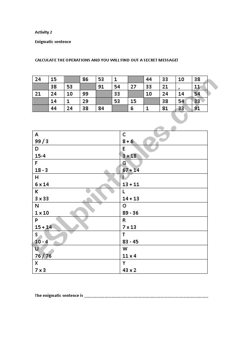 Hidden sentence worksheet