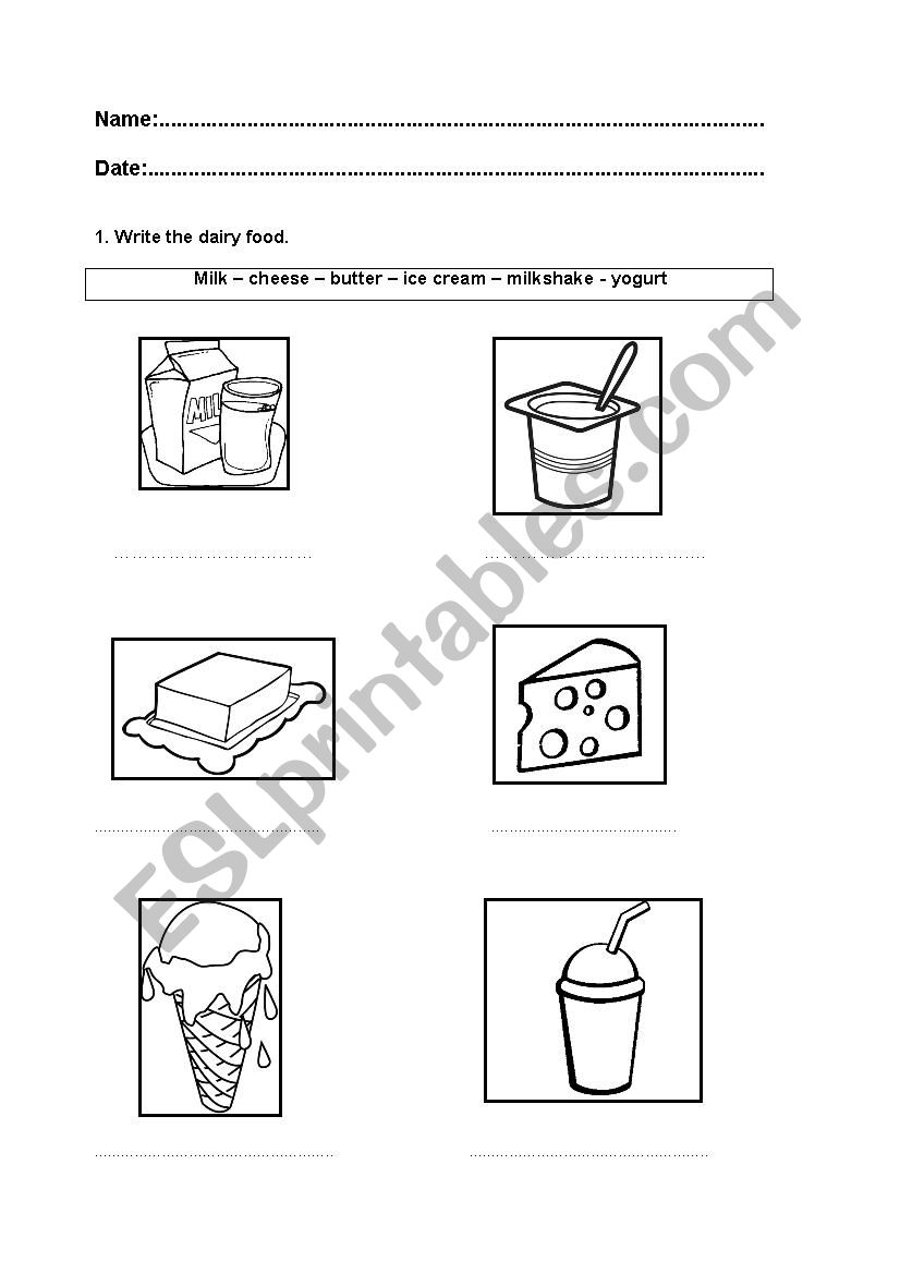 Dairy food worksheet