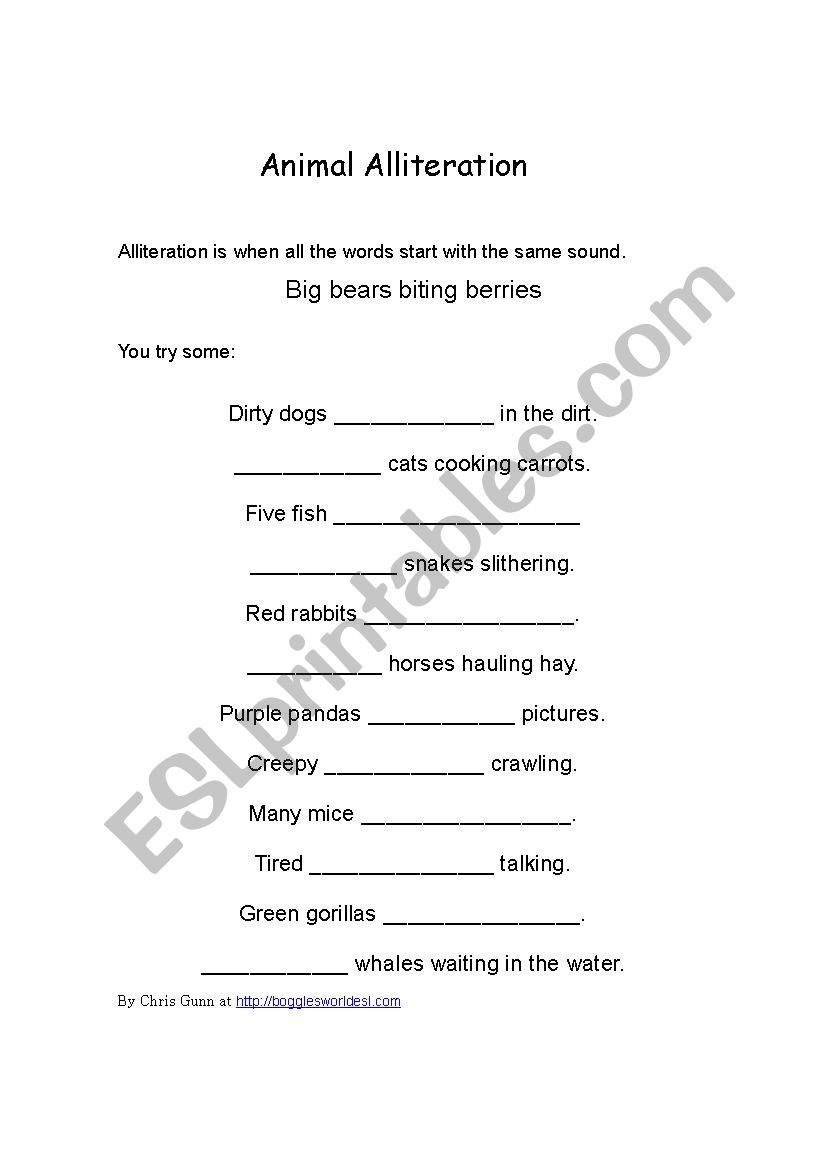 Animal alliterations worksheet