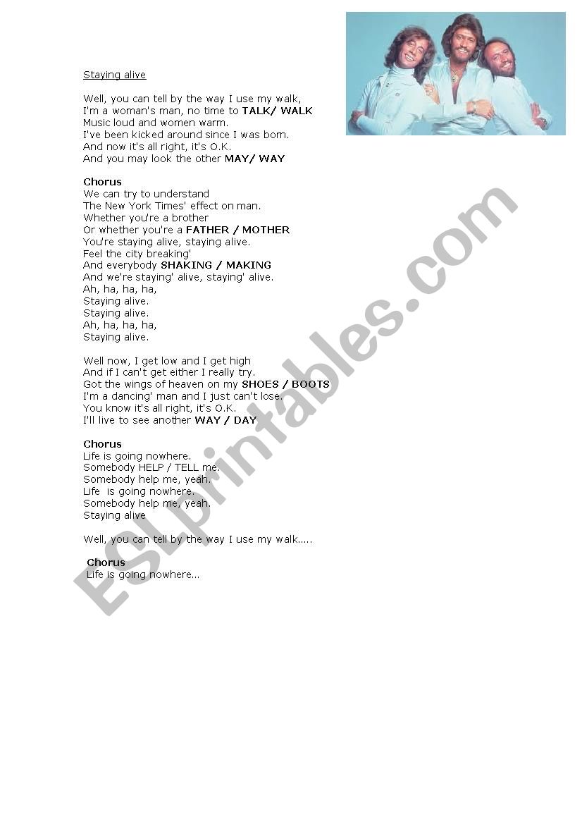 Staying alive - Bee Gees worksheet