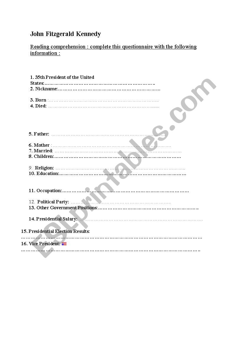 JFK short bio reading comprehension activity