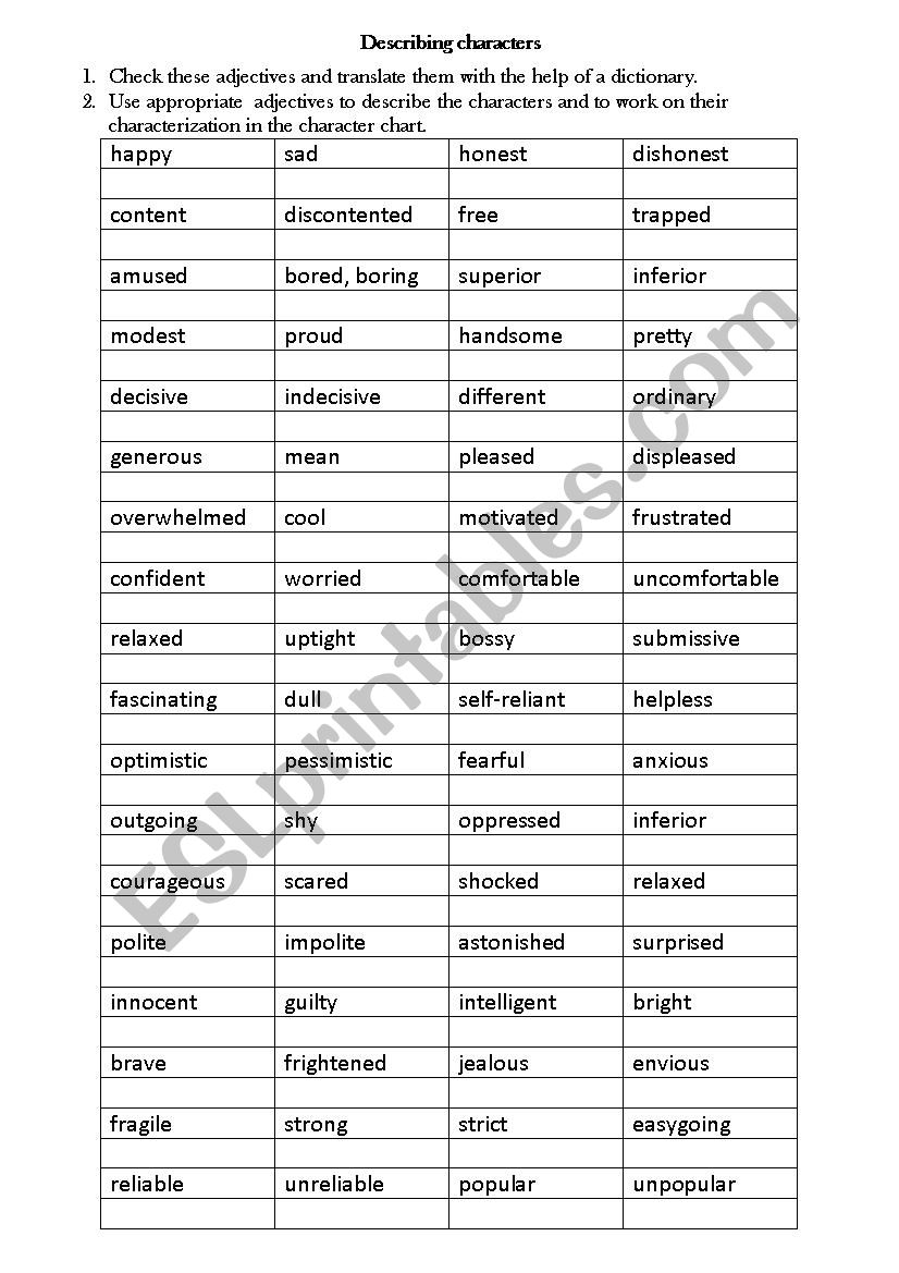 Describing characters worksheet