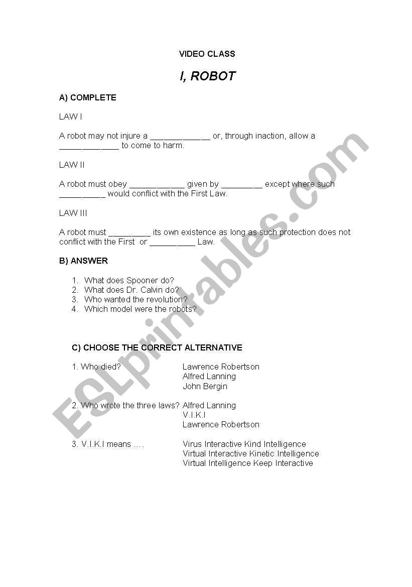 Video class I,ROBOT worksheet