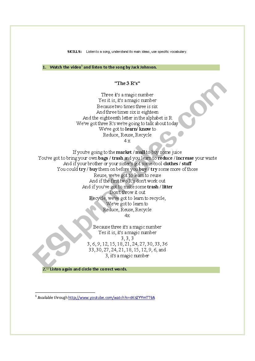 Jack Johnson - 3 RÂ´s - Song worksheet