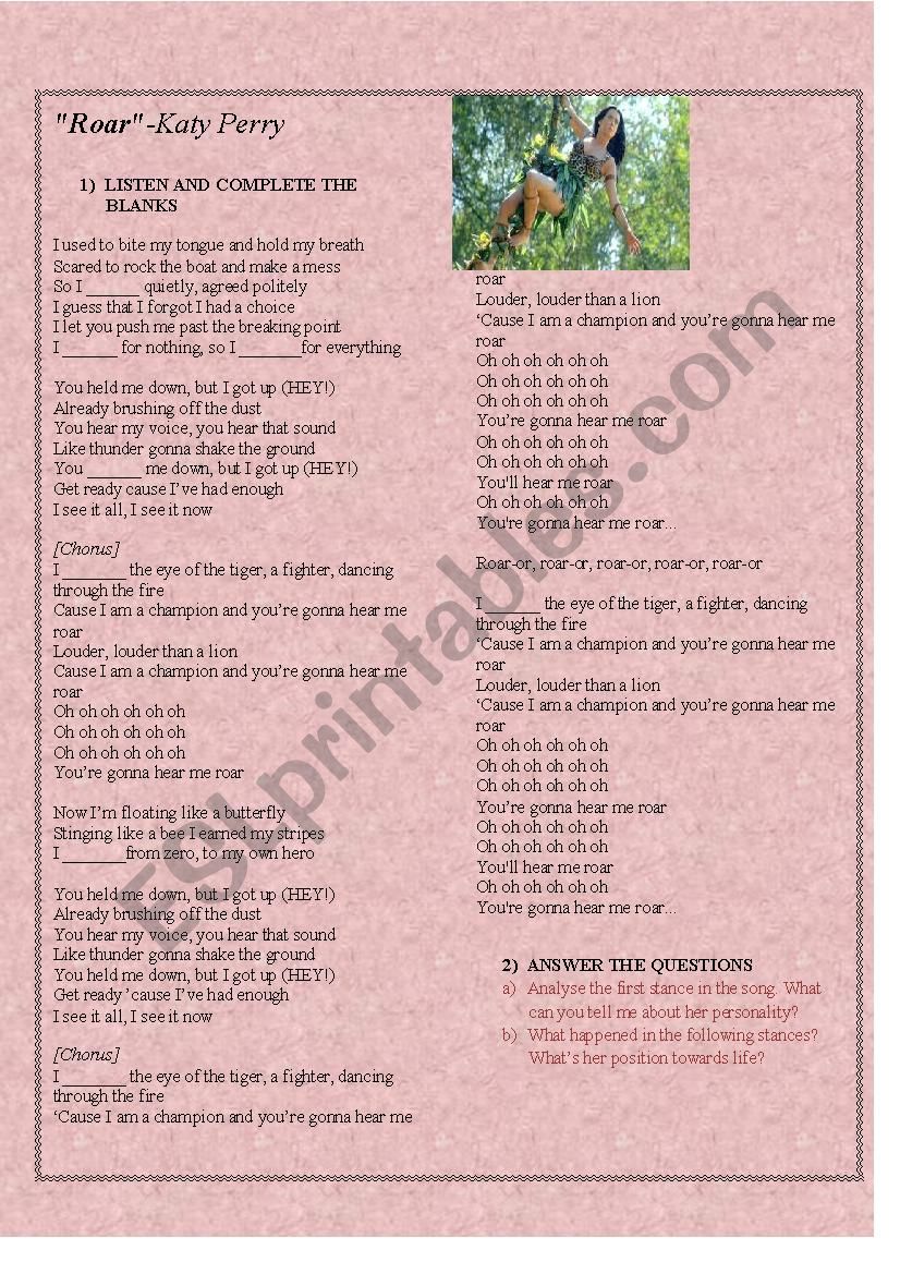 Roar by Katy Perry worksheet