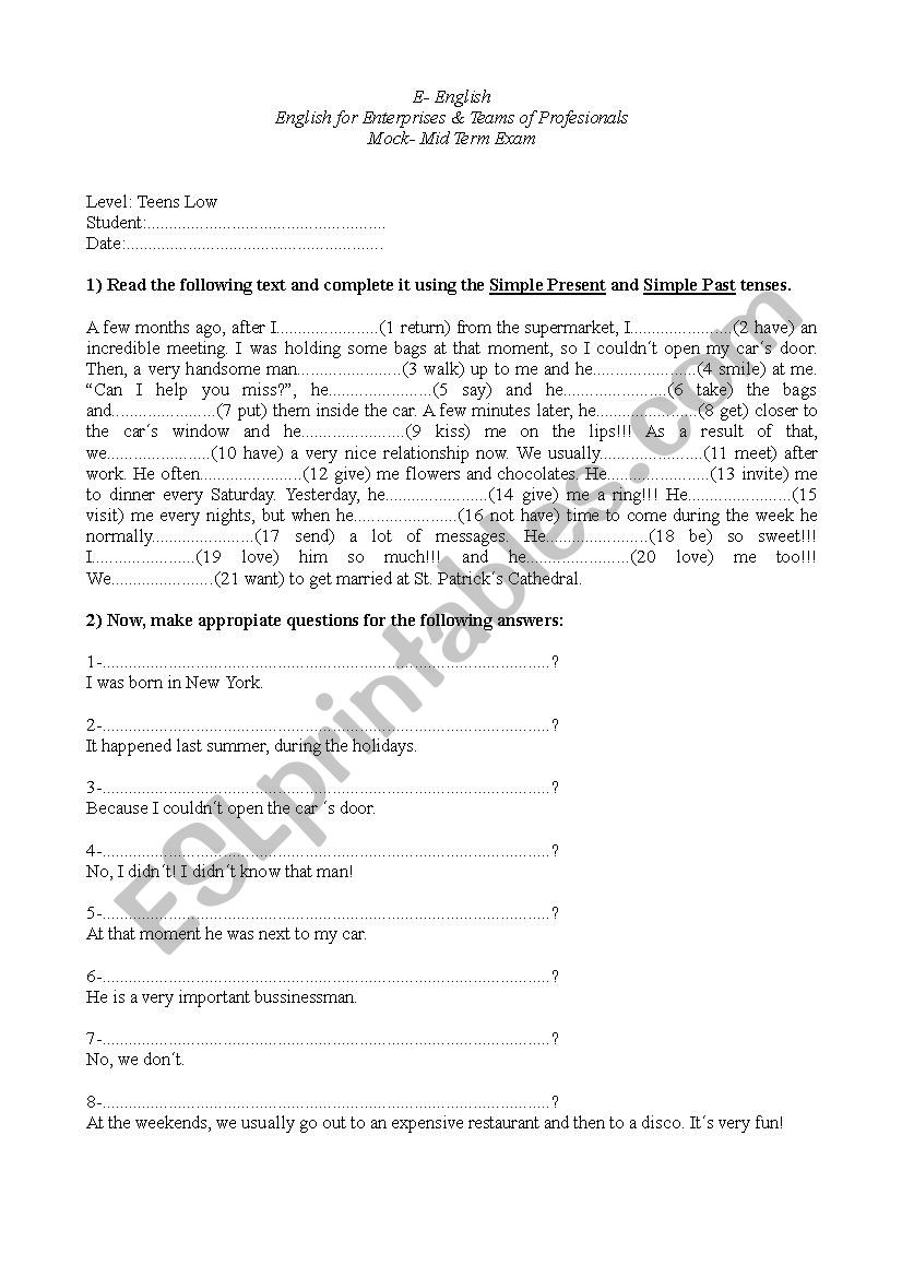 mock exam low intermediate  worksheet