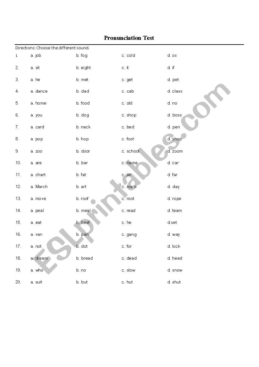 pronounciatiion test worksheet