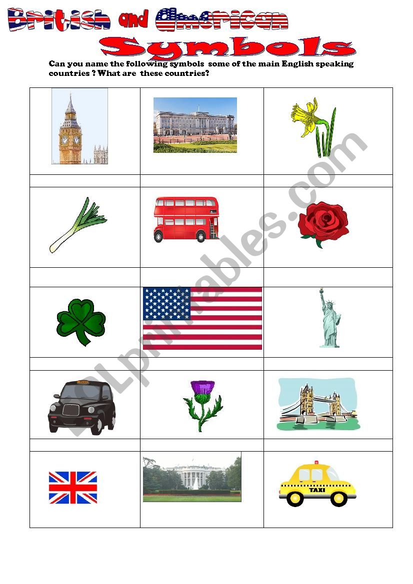 British and American symbols worksheet