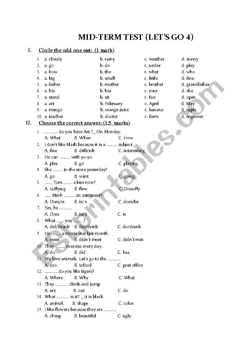 Lets go 4 - Middle Test worksheet