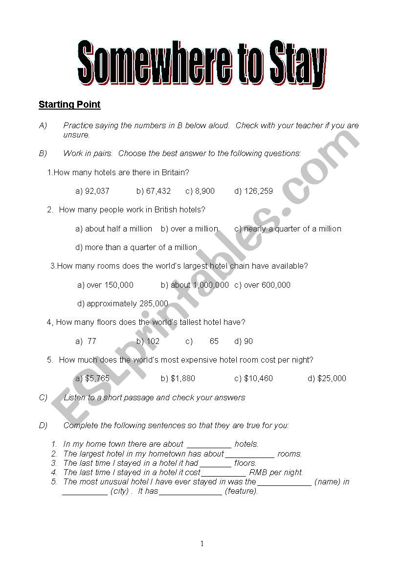 Somewhere to Stay worksheet