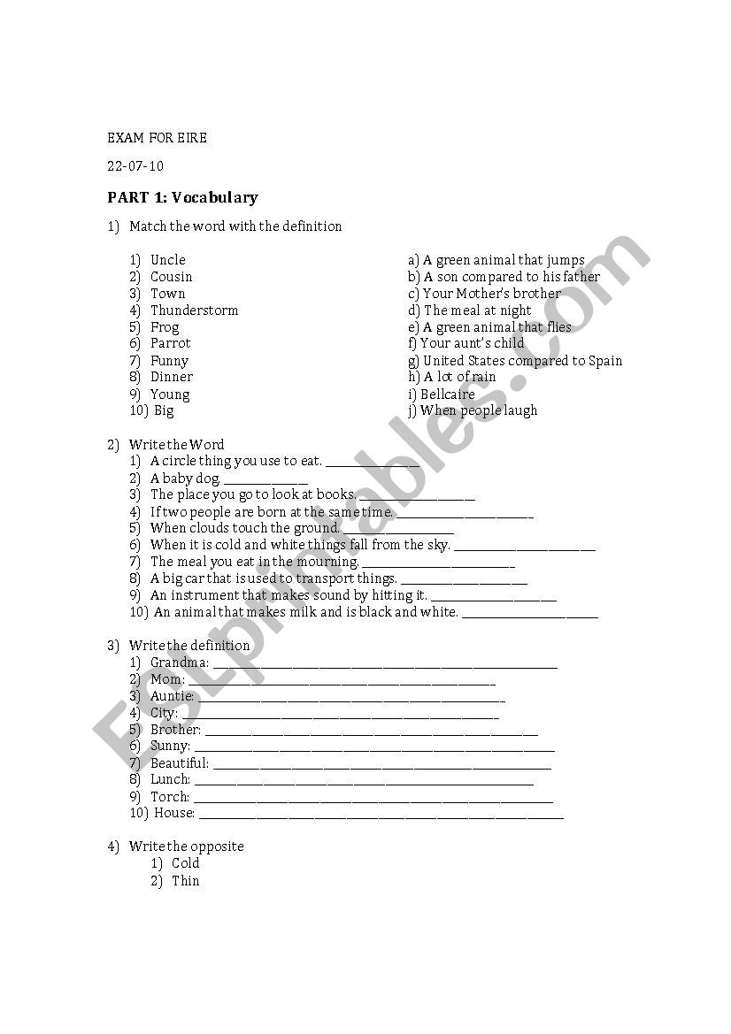 Food and family vocabulary Exam