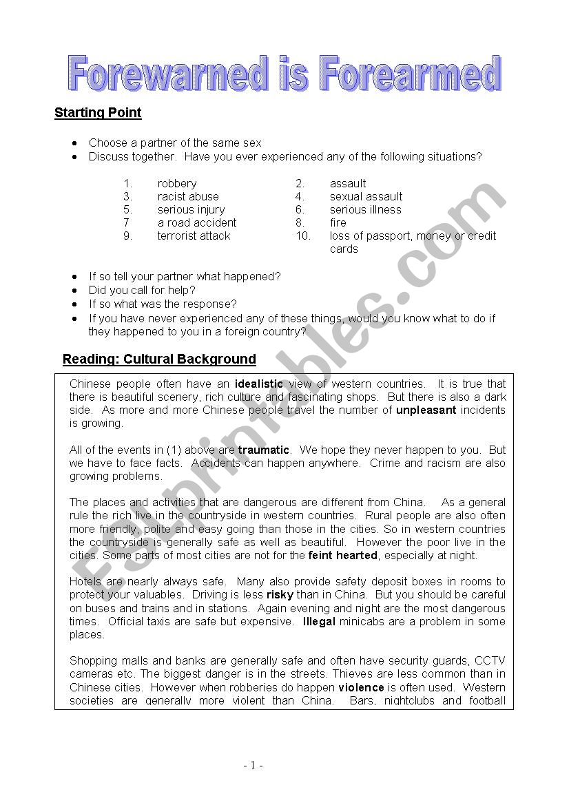 Emergencies worksheet