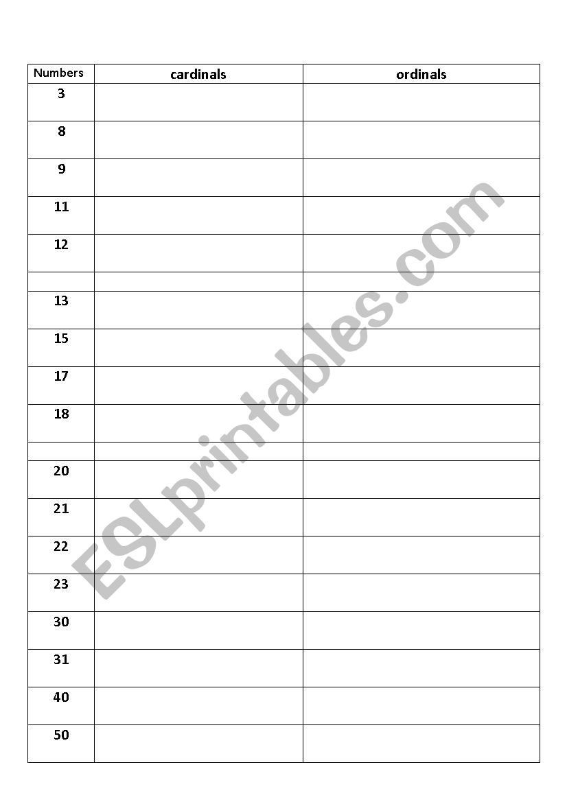 numbers worksheet