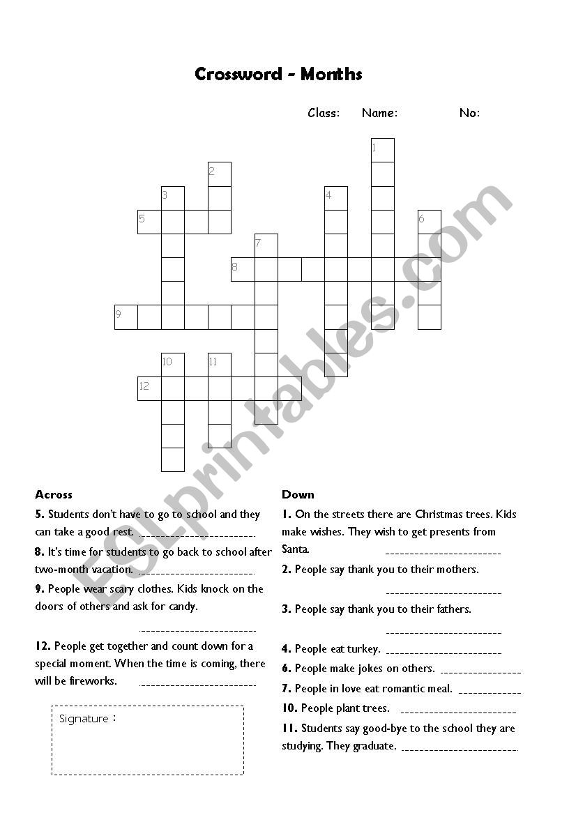 Months Crossword worksheet