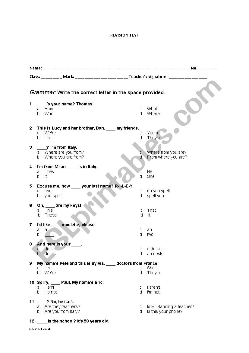 revision test worksheet