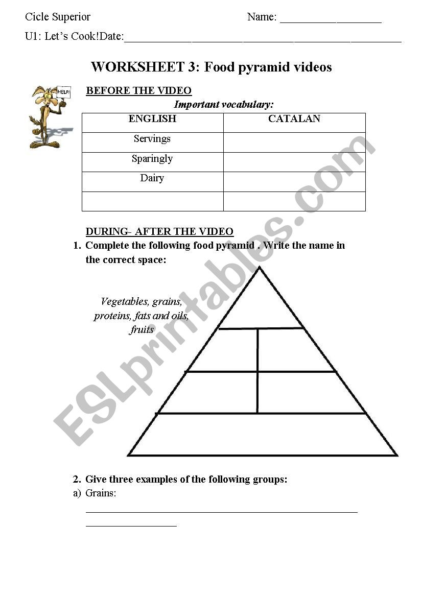 Food pyramid videos worksheet