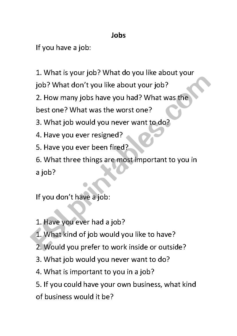 Jobs questions worksheet