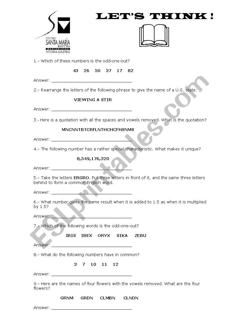 letÂ´s think worksheet