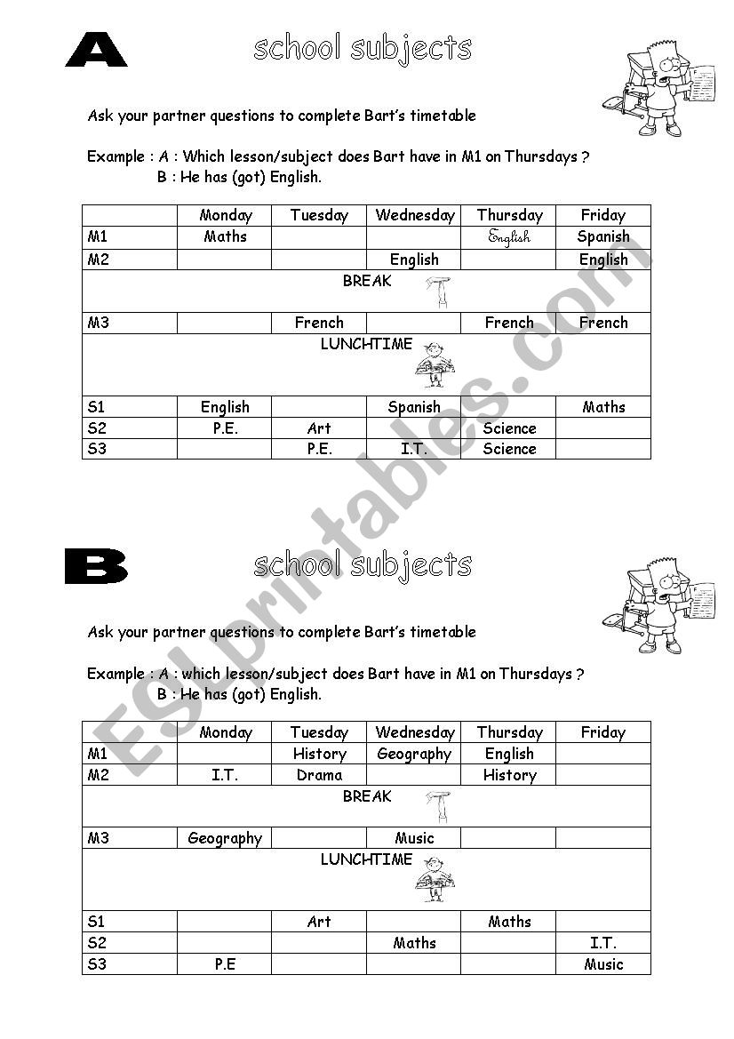 school subjects pairwork worksheet