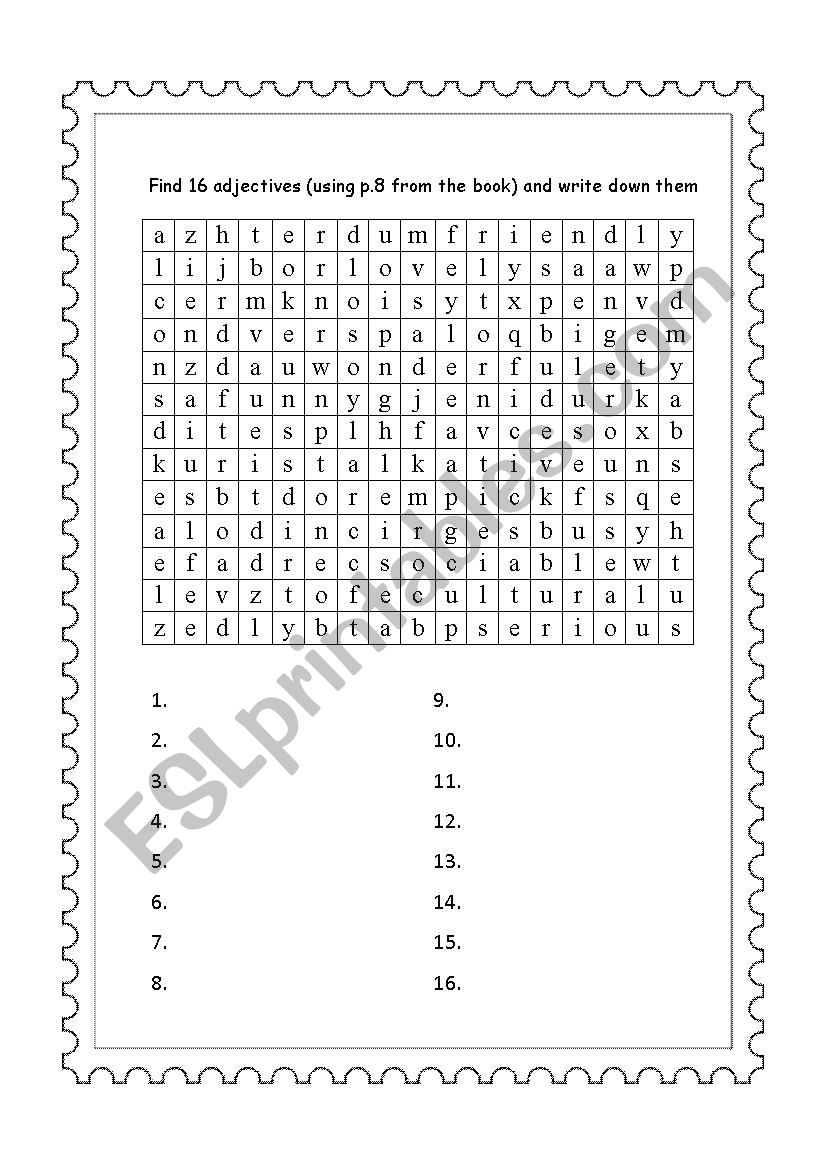 Find 16 adjectives worksheet
